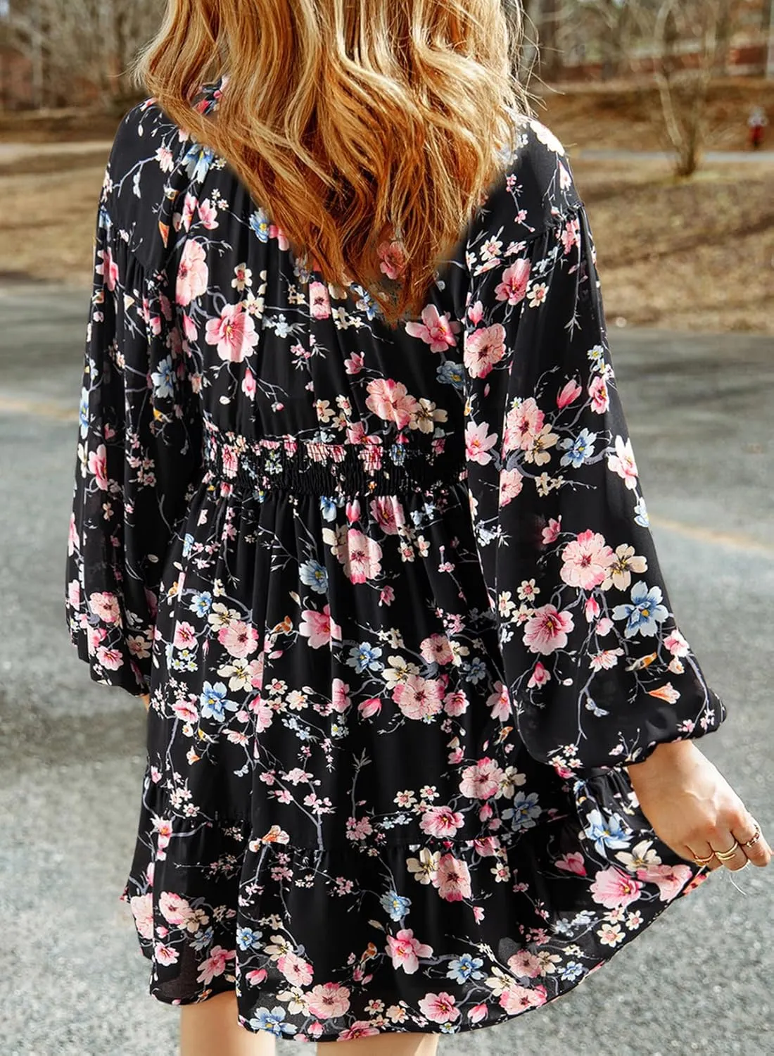 Dokotoo Womens Dresses 2025 Boho Floral V Neck Long Sleeve Smocked Elastic Waist Casual A-Line Swing Mini Dress Sundress