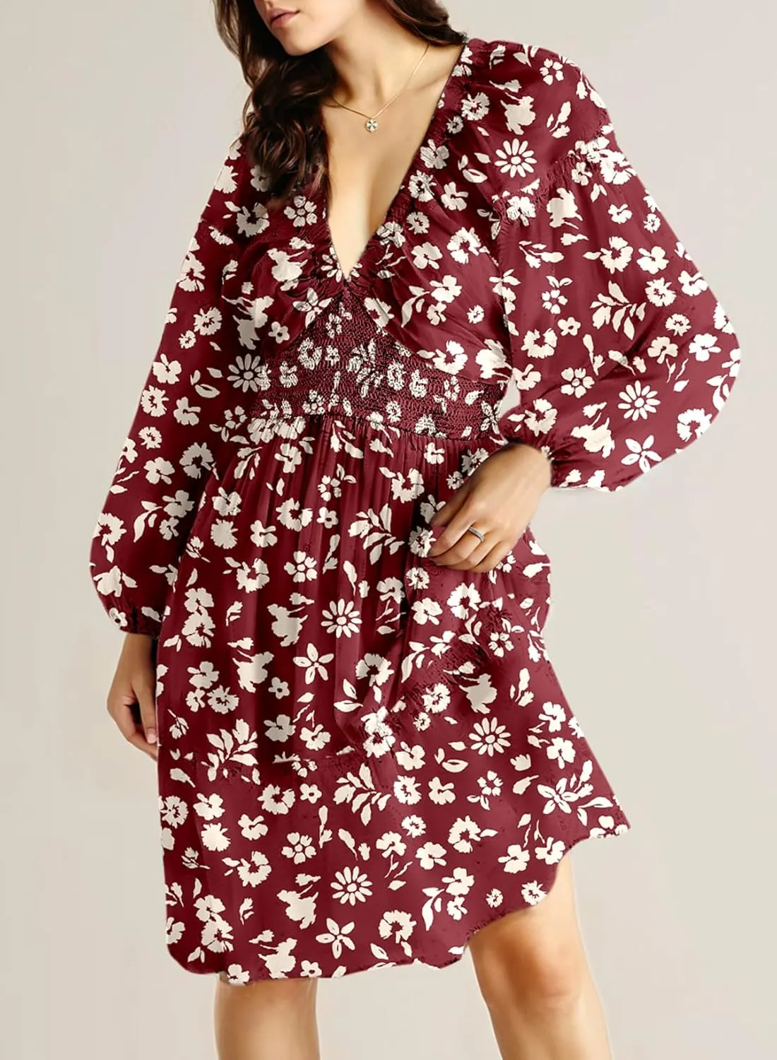Dokotoo Womens Dresses 2025 Boho Floral V Neck Long Sleeve Smocked Elastic Waist Casual A-Line Swing Mini Dress Sundress