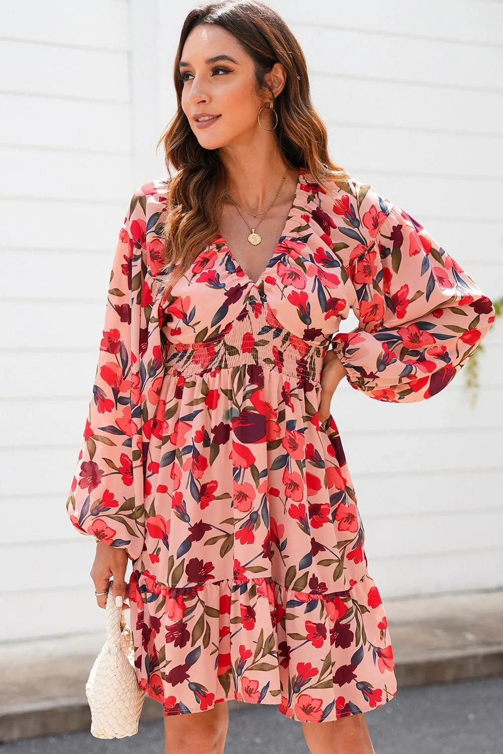 Dokotoo Womens Dresses 2025 Boho Floral V Neck Long Sleeve Smocked Elastic Waist Casual A-Line Swing Mini Dress Sundress