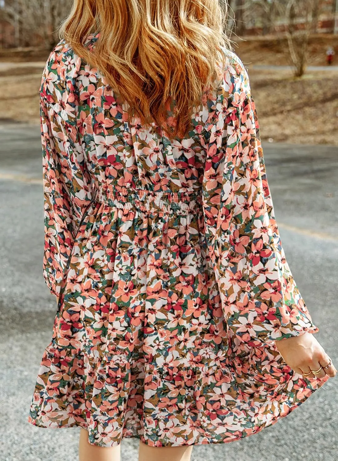 Dokotoo Womens Dresses 2025 Boho Floral V Neck Long Sleeve Smocked Elastic Waist Casual A-Line Swing Mini Dress Sundress