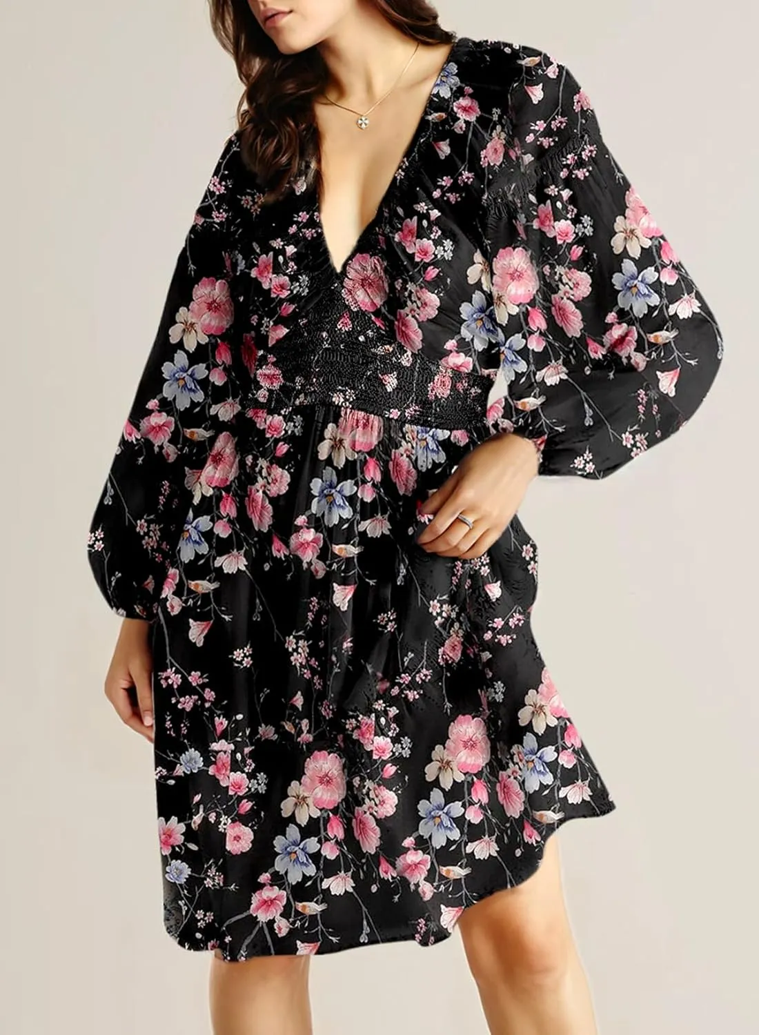 Dokotoo Womens Dresses 2025 Boho Floral V Neck Long Sleeve Smocked Elastic Waist Casual A-Line Swing Mini Dress Sundress