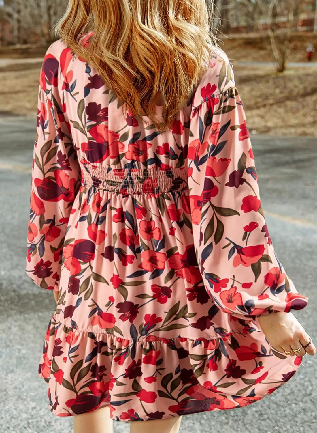 Dokotoo Womens Dresses 2025 Boho Floral V Neck Long Sleeve Smocked Elastic Waist Casual A-Line Swing Mini Dress Sundress