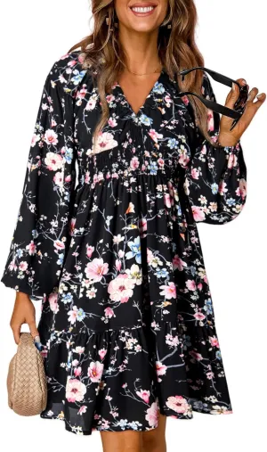 Dokotoo Womens Dresses 2025 Boho Floral V Neck Long Sleeve Smocked Elastic Waist Casual A-Line Swing Mini Dress Sundress