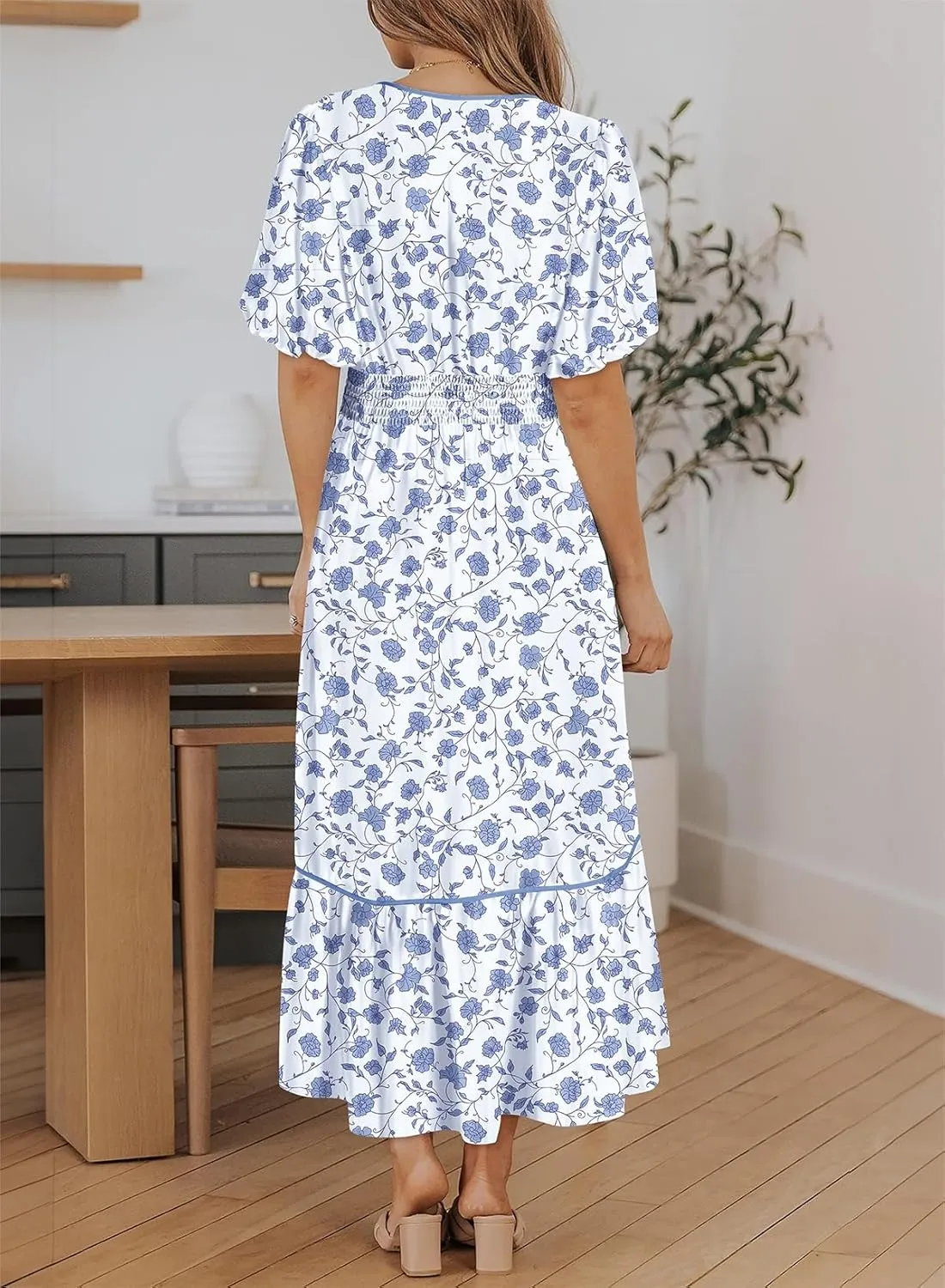 Dokotoo Womens Dresses V Neck Empire Waist Dress Summer Spring Short Sleeve Elegant Flowy Long Floral Maxi Dress