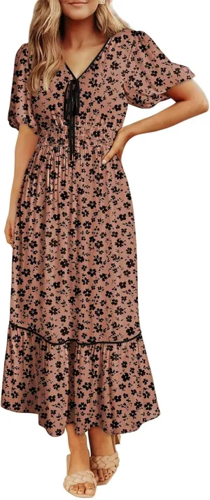 Dokotoo Womens Dresses V Neck Empire Waist Dress Summer Spring Short Sleeve Elegant Flowy Long Floral Maxi Dress