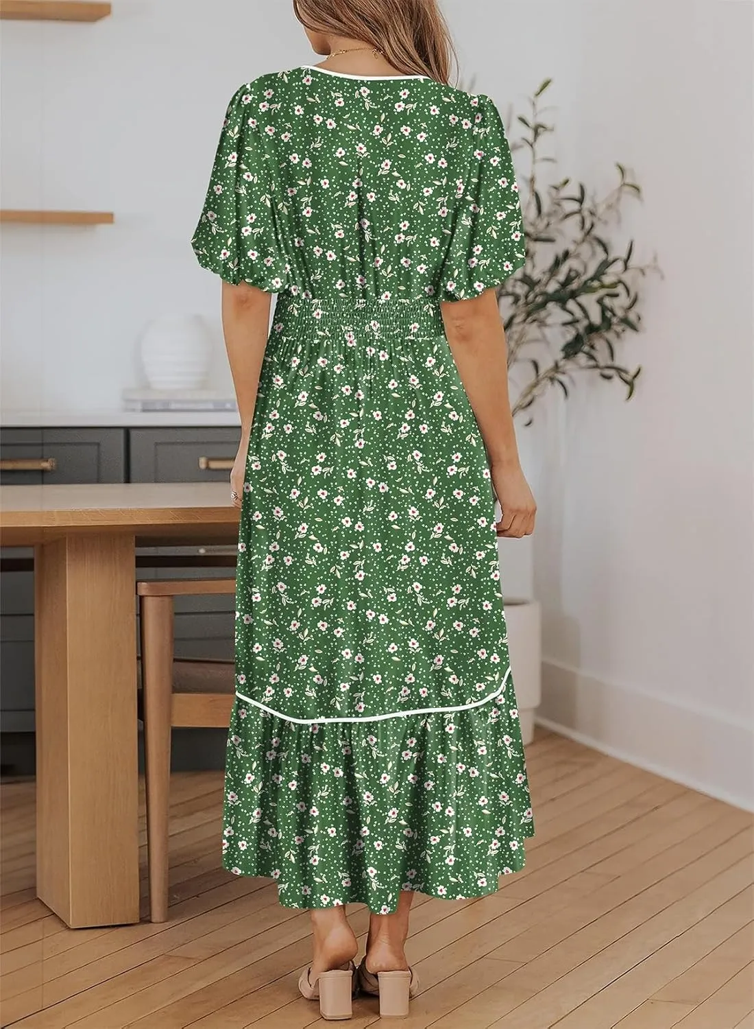 Dokotoo Womens Dresses V Neck Empire Waist Dress Summer Spring Short Sleeve Elegant Flowy Long Floral Maxi Dress