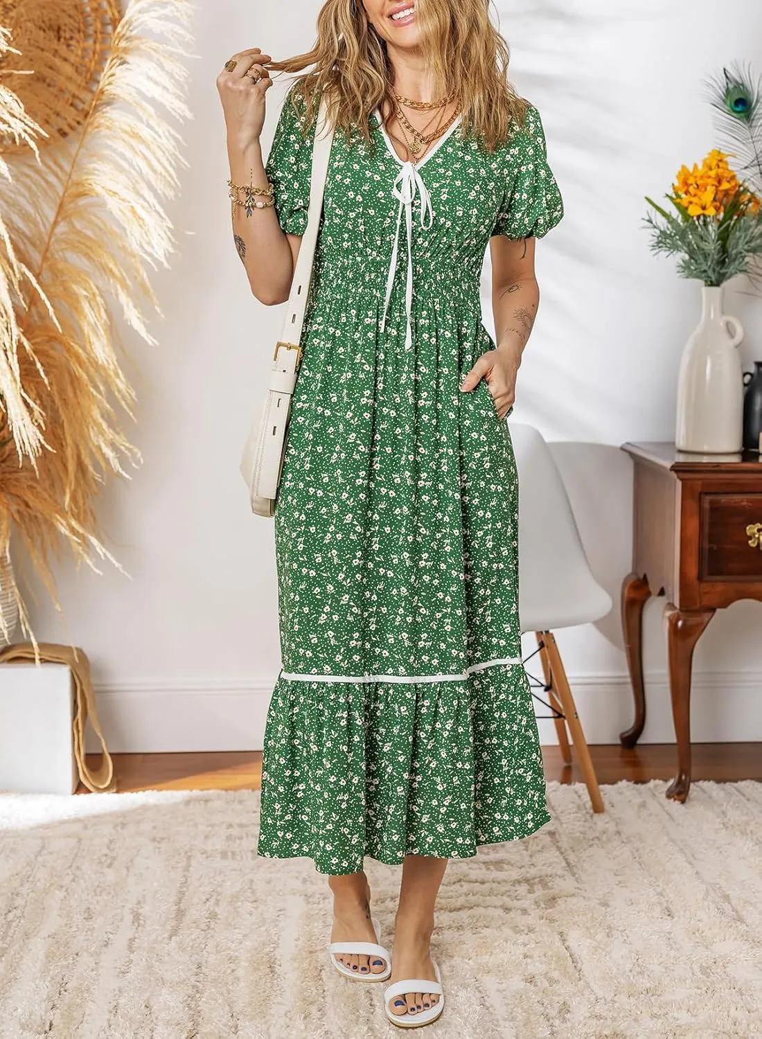 Dokotoo Womens Dresses V Neck Empire Waist Dress Summer Spring Short Sleeve Elegant Flowy Long Floral Maxi Dress