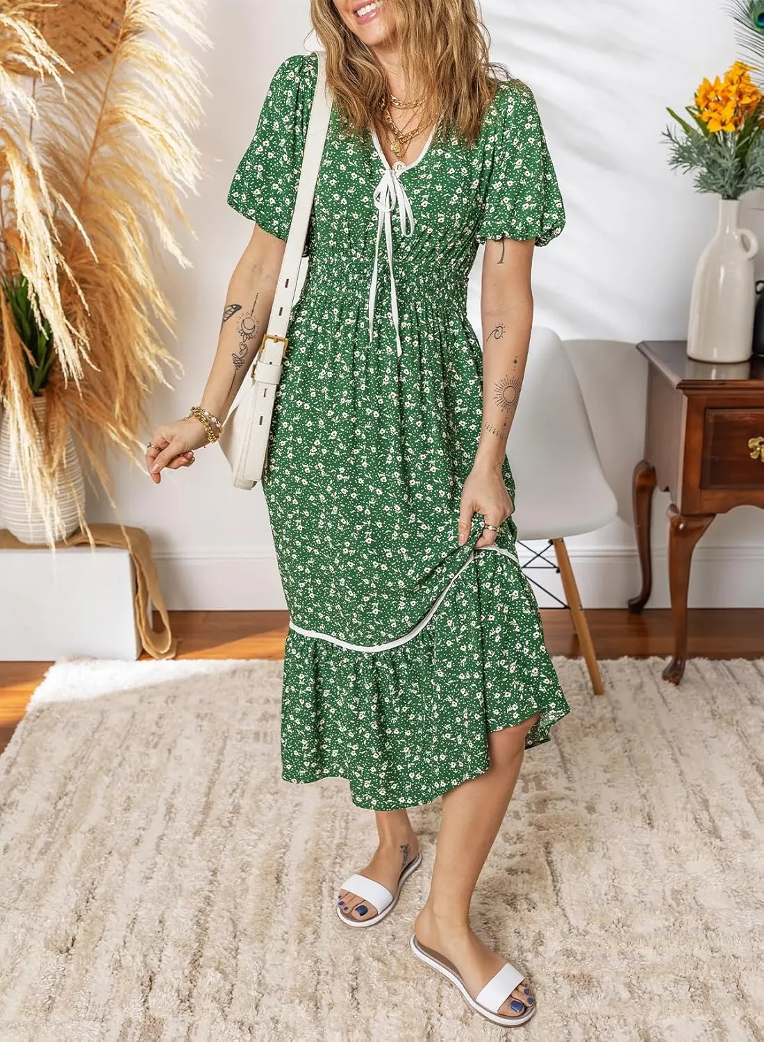 Dokotoo Womens Dresses V Neck Empire Waist Dress Summer Spring Short Sleeve Elegant Flowy Long Floral Maxi Dress