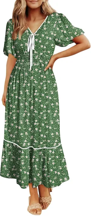 Dokotoo Womens Dresses V Neck Empire Waist Dress Summer Spring Short Sleeve Elegant Flowy Long Floral Maxi Dress