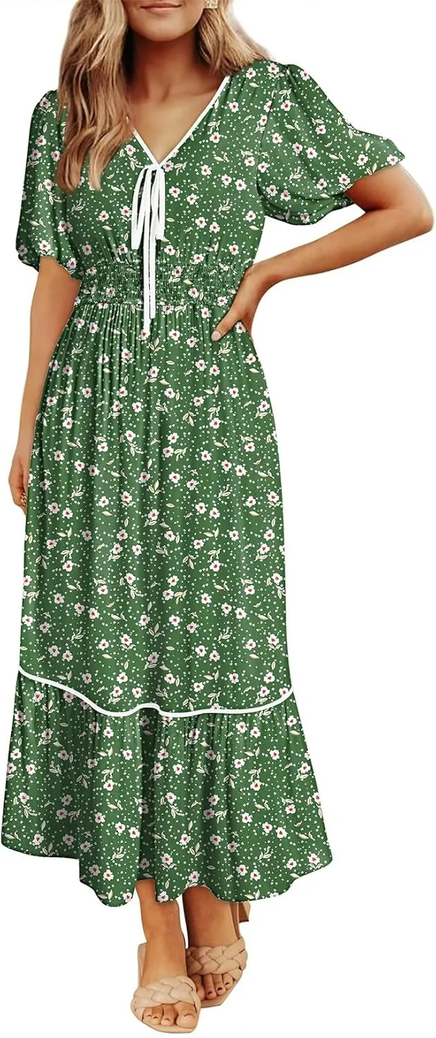Dokotoo Womens Dresses V Neck Empire Waist Dress Summer Spring Short Sleeve Elegant Flowy Long Floral Maxi Dress
