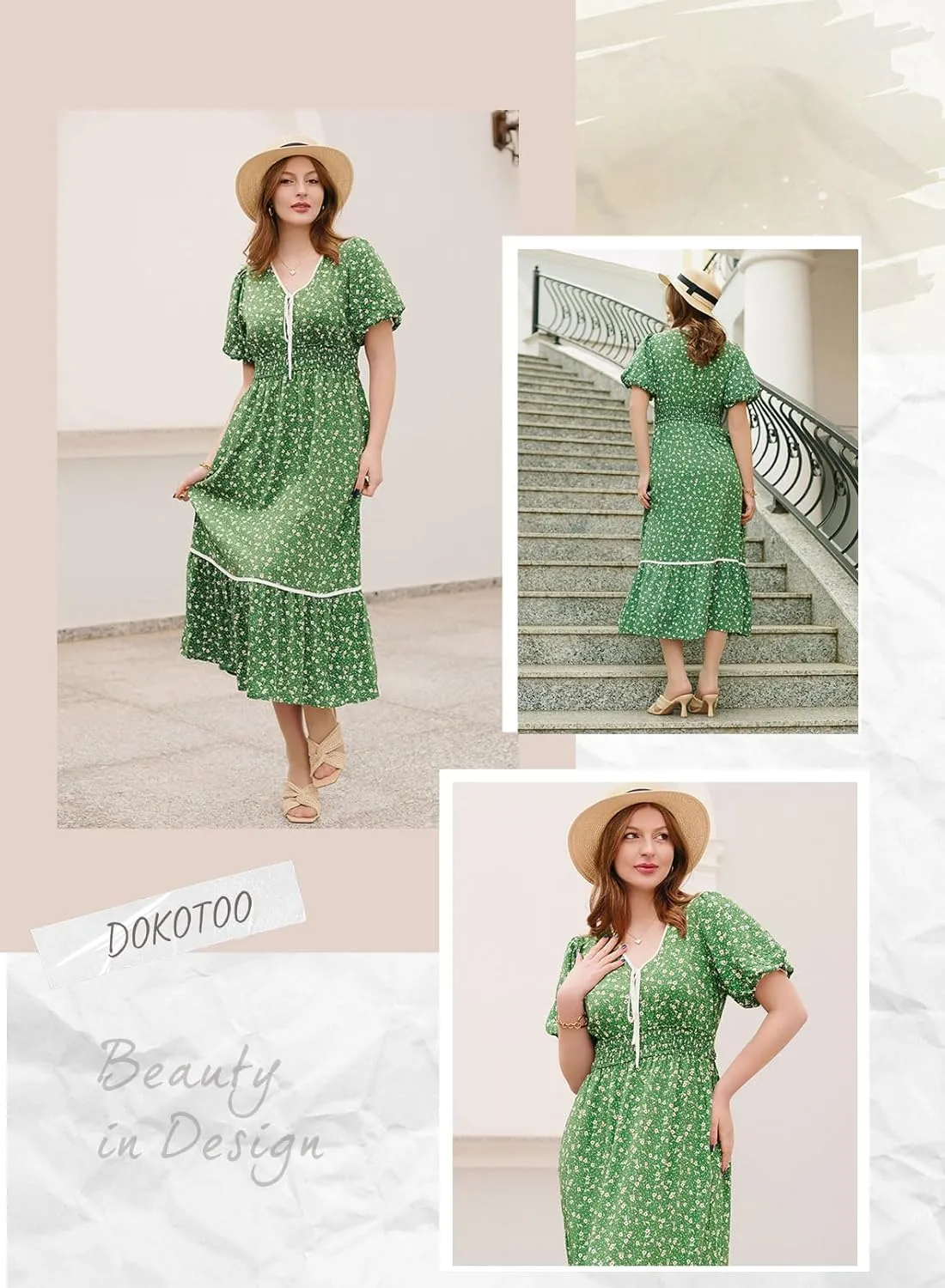 Dokotoo Womens Dresses V Neck Empire Waist Dress Summer Spring Short Sleeve Elegant Flowy Long Floral Maxi Dress