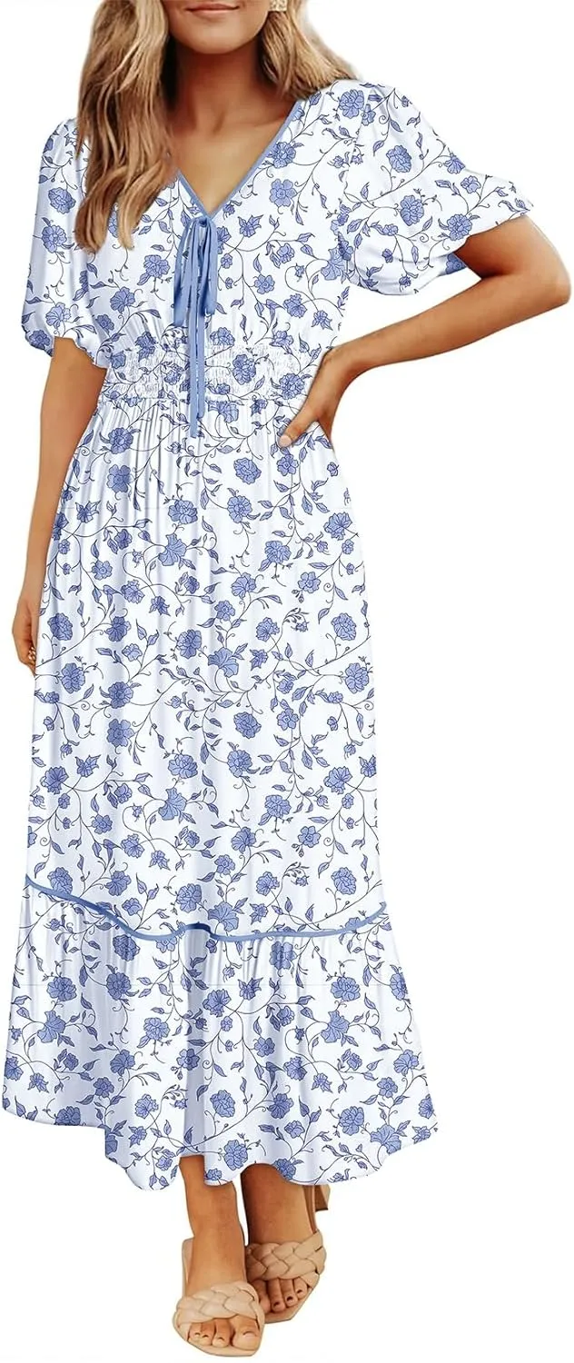 Dokotoo Womens Dresses V Neck Empire Waist Dress Summer Spring Short Sleeve Elegant Flowy Long Floral Maxi Dress