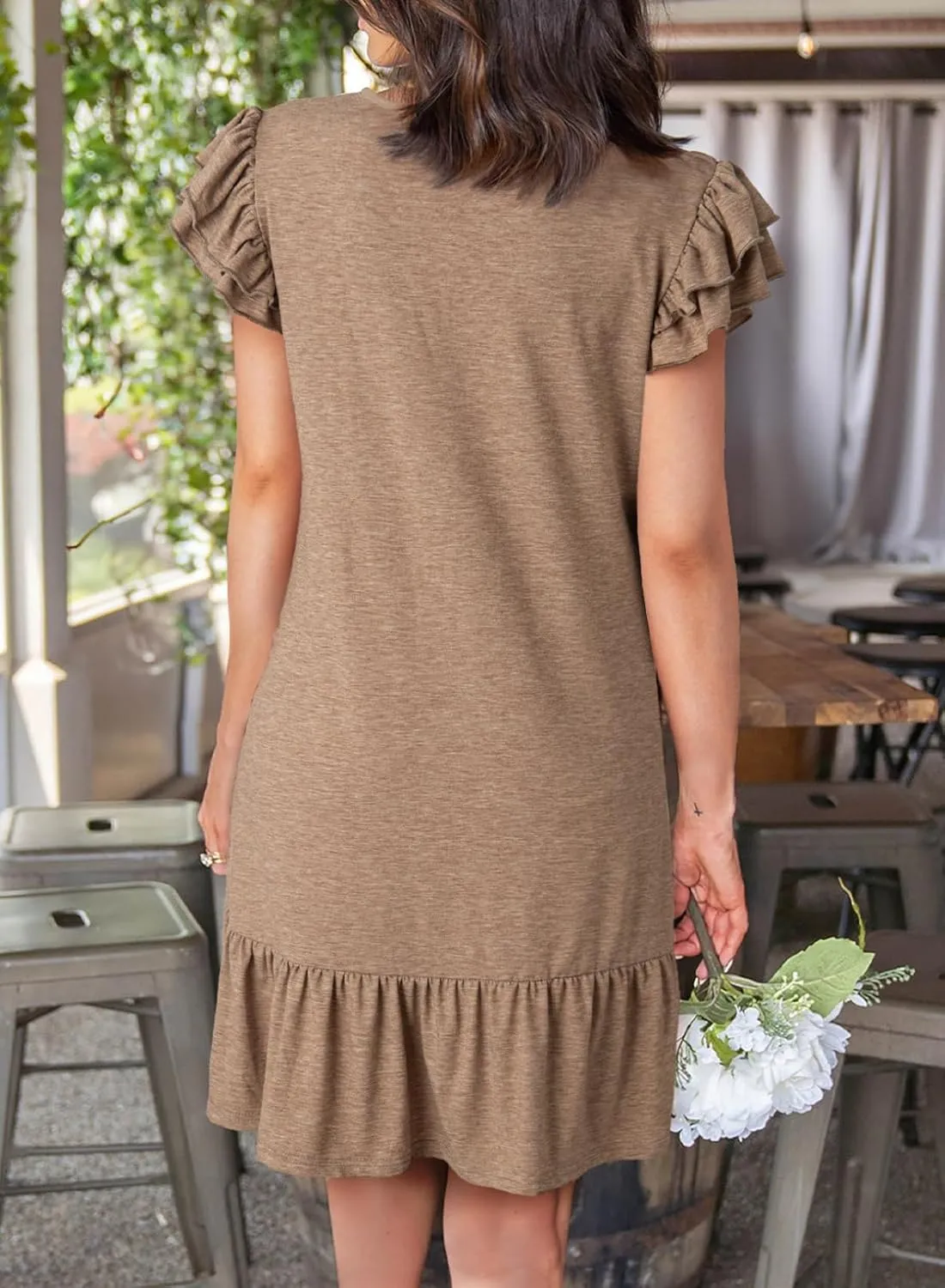Dokotoo Womens Summer Dresses 2025 Ruffle Short Sleeve Smocked V Neck Casual Loose A-Line Swing Mini Dress Sundress