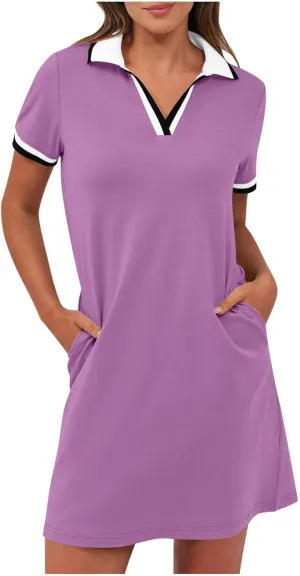 Dresses for Women 2025 Short Sleeve V Neck Casual Lapel Sundress Summer Tennis Golf Mini Shirt Dress with Pockets