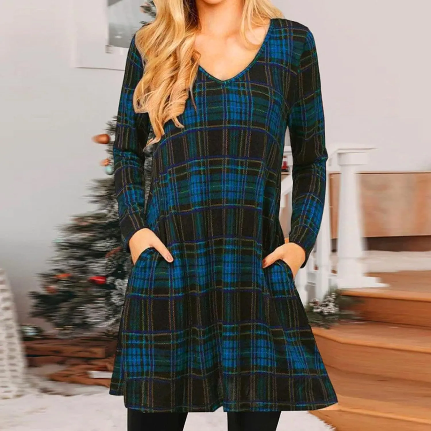 Dresses for Women Casual 2024 Plaid Knitted Long Sleeve Pleated Dress v Neck Loose Flowy Outdoor Fall Bodycon Dresses