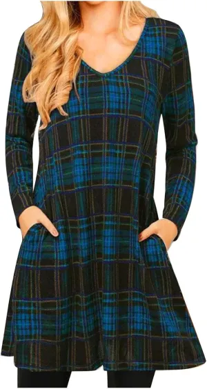 Dresses for Women Casual 2024 Plaid Knitted Long Sleeve Pleated Dress v Neck Loose Flowy Outdoor Fall Bodycon Dresses