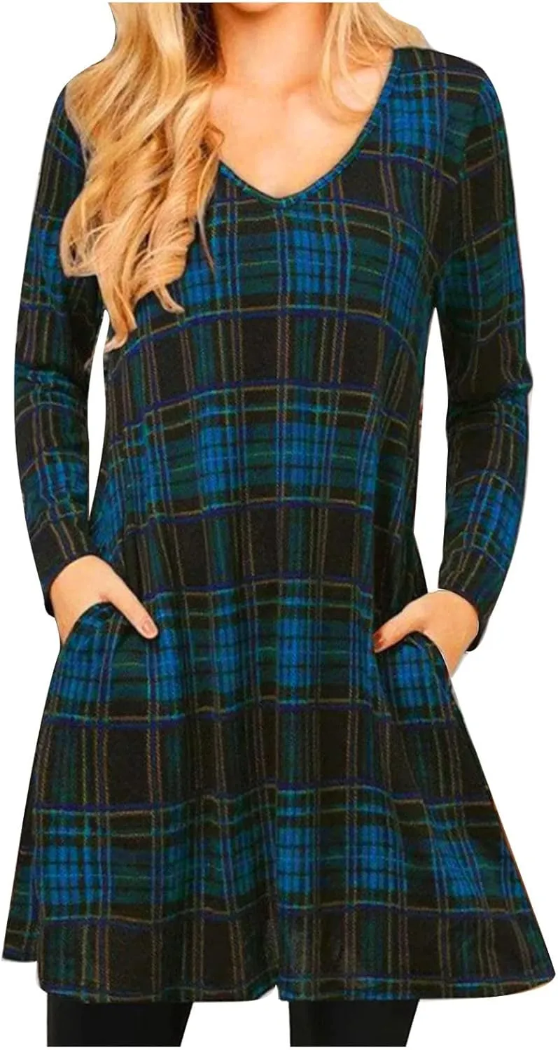 Dresses for Women Casual 2024 Plaid Knitted Long Sleeve Pleated Dress v Neck Loose Flowy Outdoor Fall Bodycon Dresses