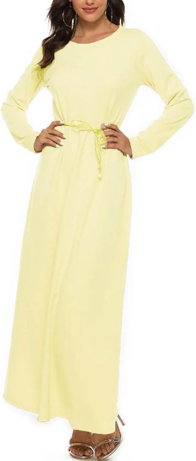 Dresses for Women Muslim Trendy Pleated Wrap Gown 2025 Solid Long Sleeve Crewneck Midi Dresses for Spring Clothing