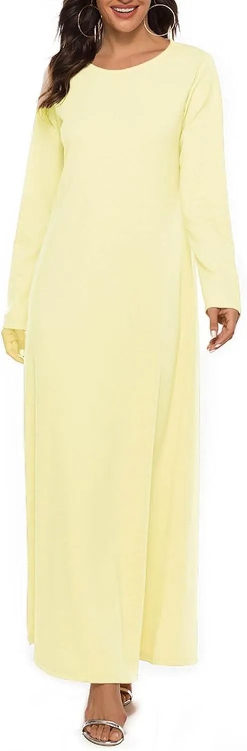Dresses for Women Muslim Trendy Pleated Wrap Gown 2025 Solid Long Sleeve Crewneck Midi Dresses for Spring Clothing