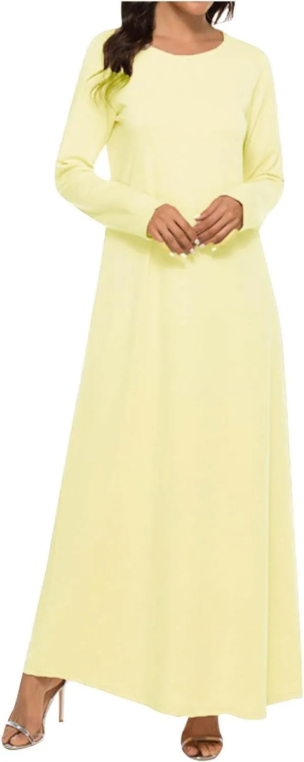 Dresses for Women Muslim Trendy Pleated Wrap Gown 2025 Solid Long Sleeve Crewneck Midi Dresses for Spring Clothing