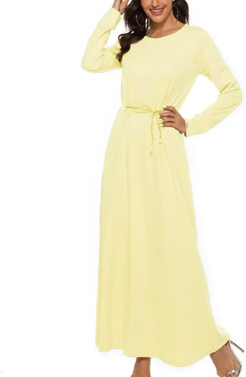 Dresses for Women Muslim Trendy Pleated Wrap Gown 2025 Solid Long Sleeve Crewneck Midi Dresses for Spring Clothing