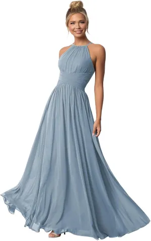 Dusty Blue Bridesmaid Dress Halter Chiffon Spaghetti Straps Corset Back Formal Evening Gown Size 10