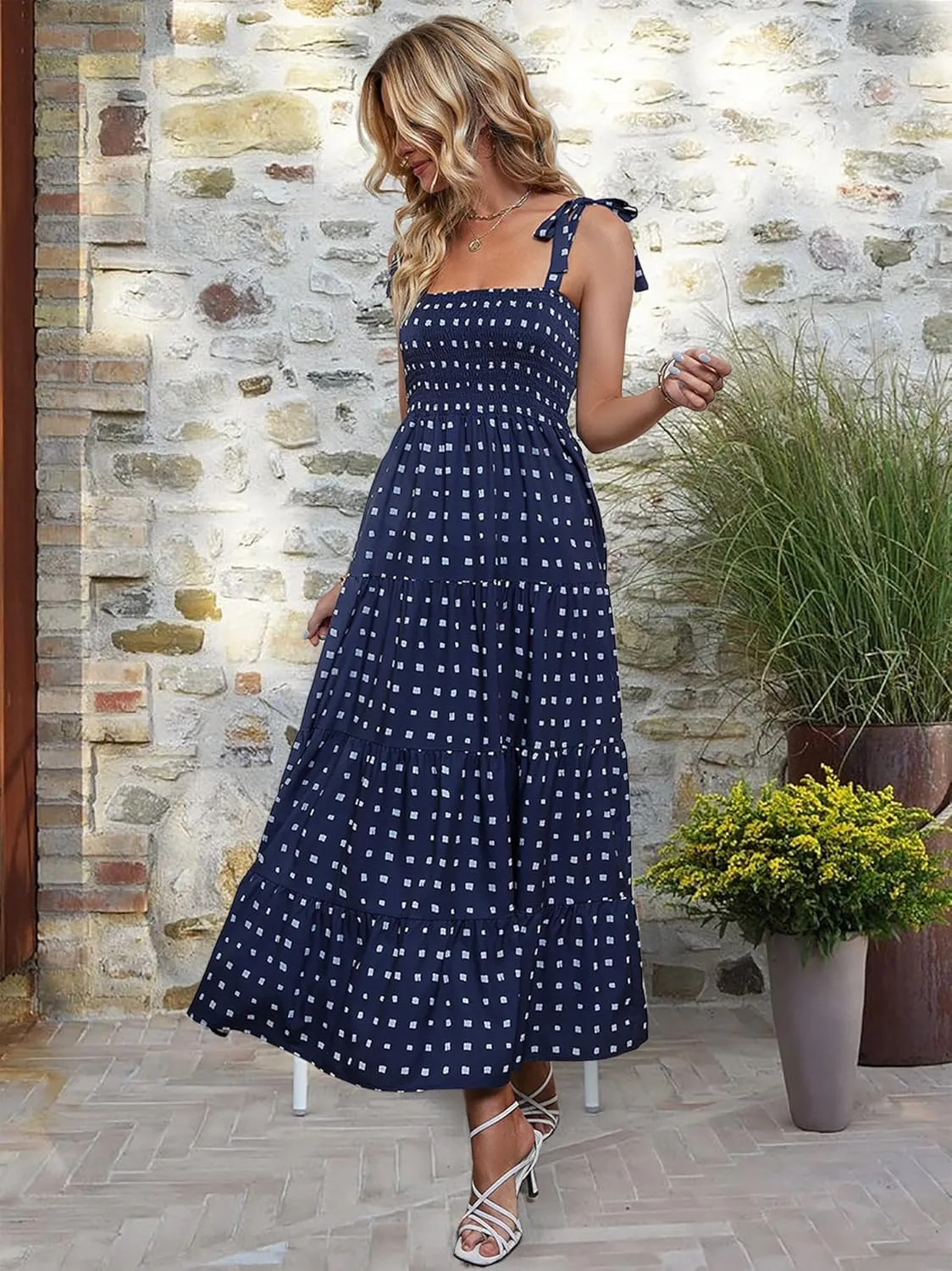 ELIGNTLOFT Women's Summer Casual Maxi Dress Spaghetti Strap Square Neck Boho Beach Long Sun Dresses
