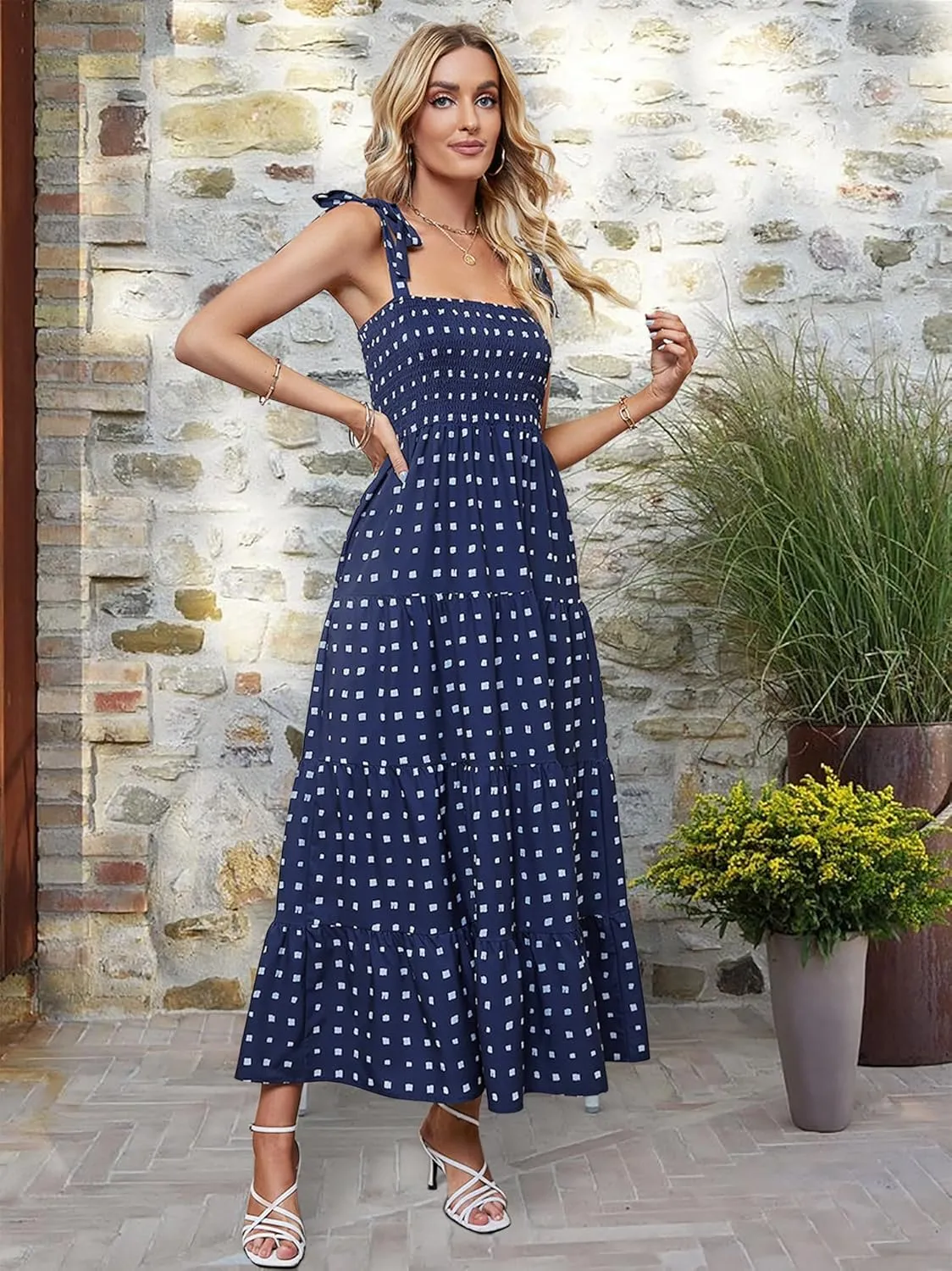 ELIGNTLOFT Women's Summer Casual Maxi Dress Spaghetti Strap Square Neck Boho Beach Long Sun Dresses
