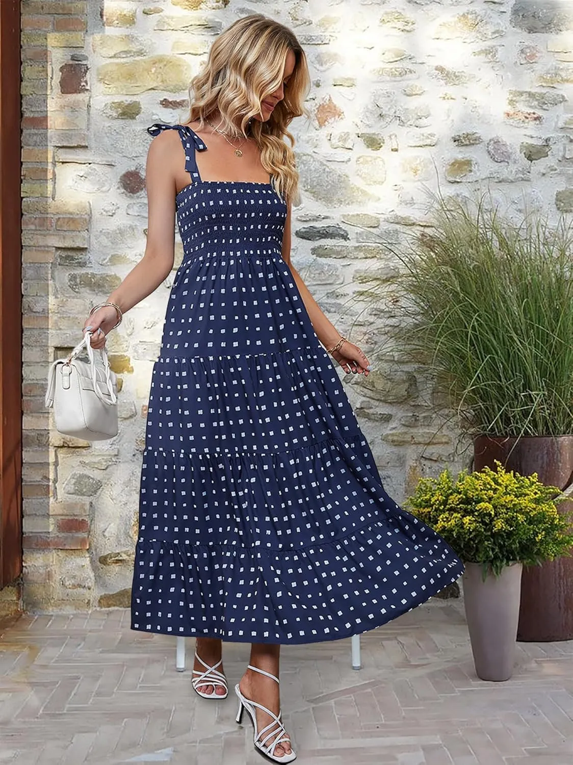 ELIGNTLOFT Women's Summer Casual Maxi Dress Spaghetti Strap Square Neck Boho Beach Long Sun Dresses
