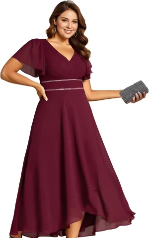 Ever-Pretty Plus Women's V-Neck Chiffon Beading Short Ruffles Sleeves Maxi Plus Size Formal Evening Dresses