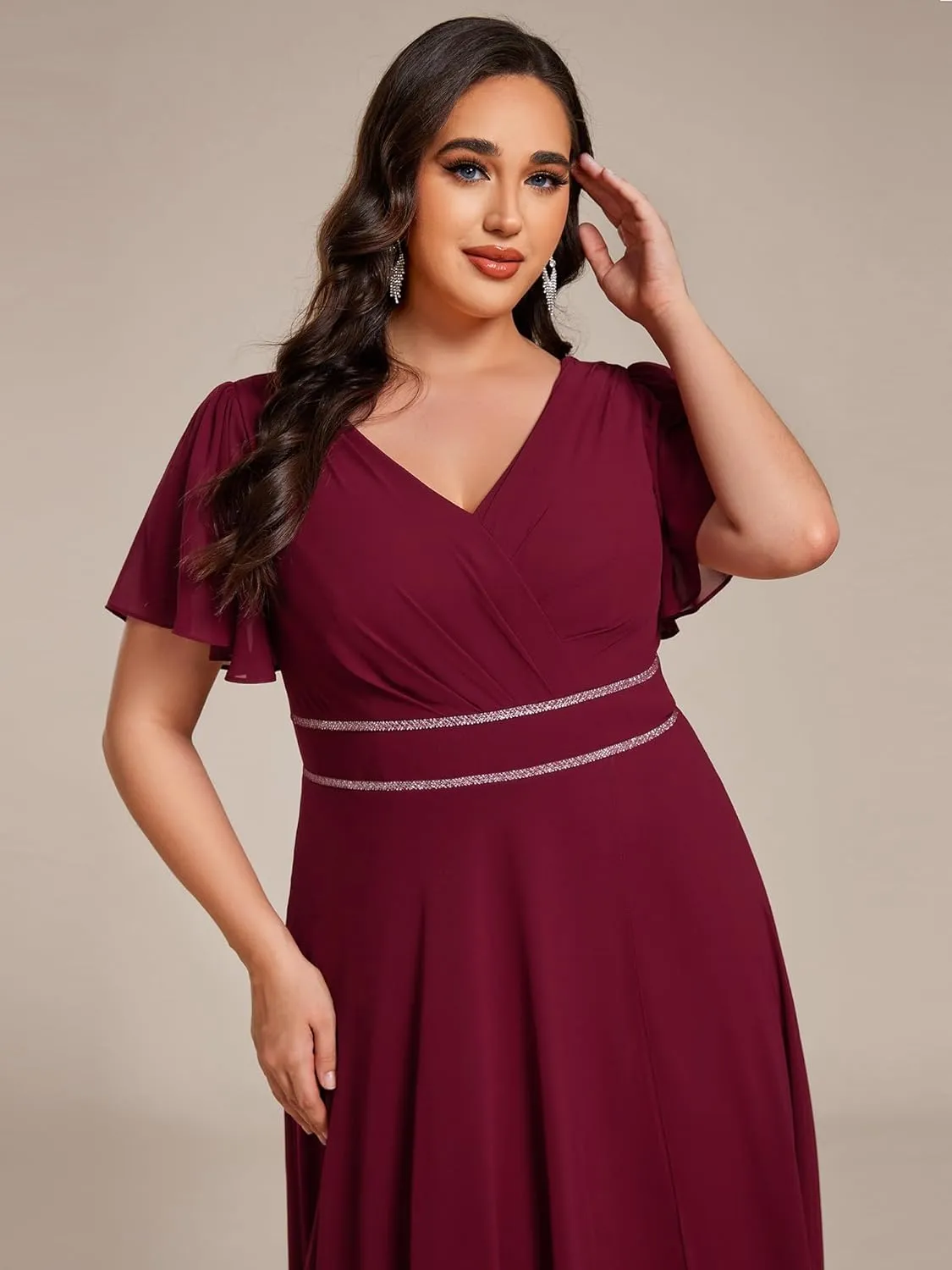 Ever-Pretty Plus Women's V-Neck Chiffon Beading Short Ruffles Sleeves Maxi Plus Size Formal Evening Dresses