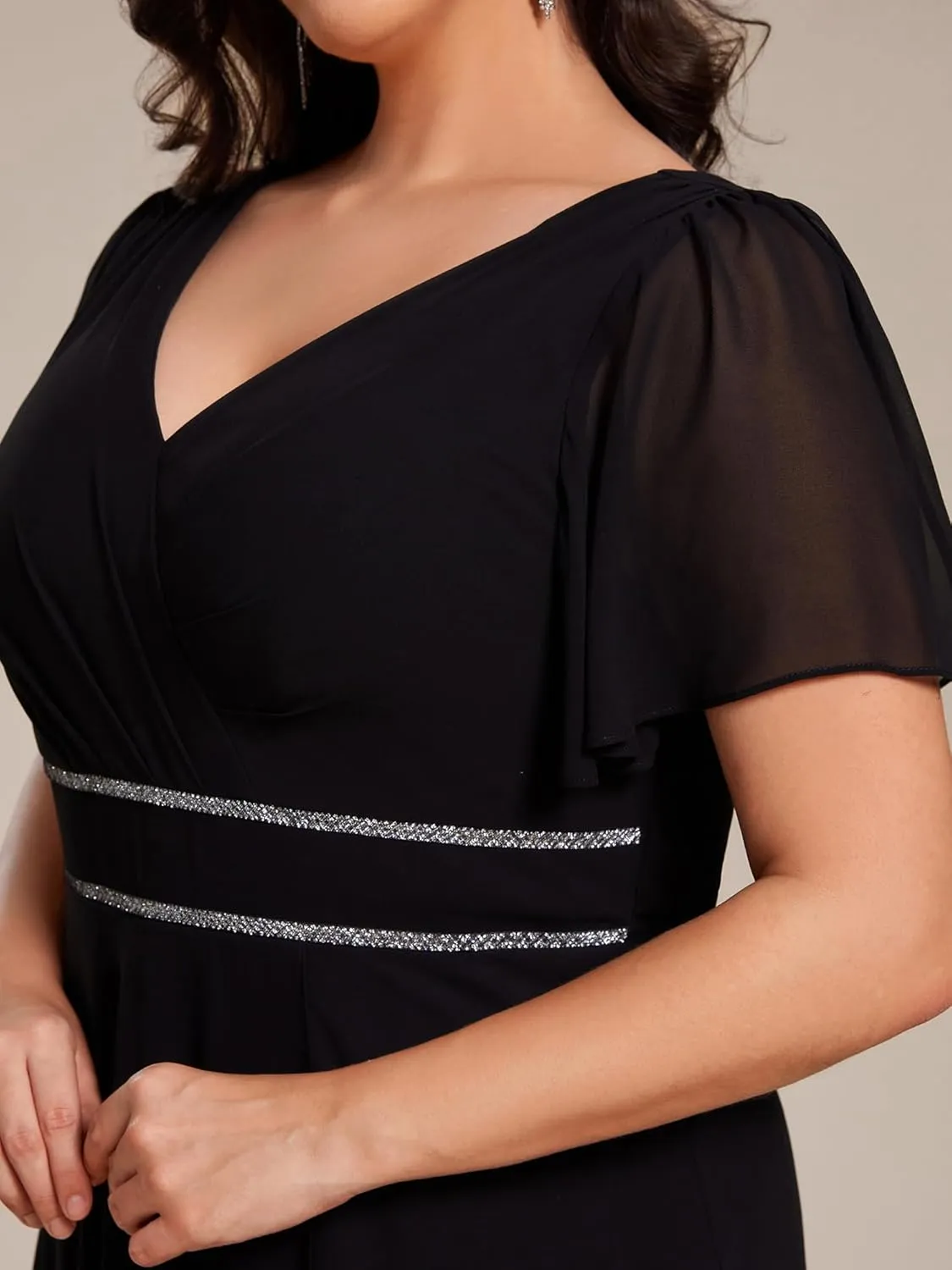 Ever-Pretty Plus Women's V-Neck Chiffon Beading Short Ruffles Sleeves Maxi Plus Size Formal Evening Dresses