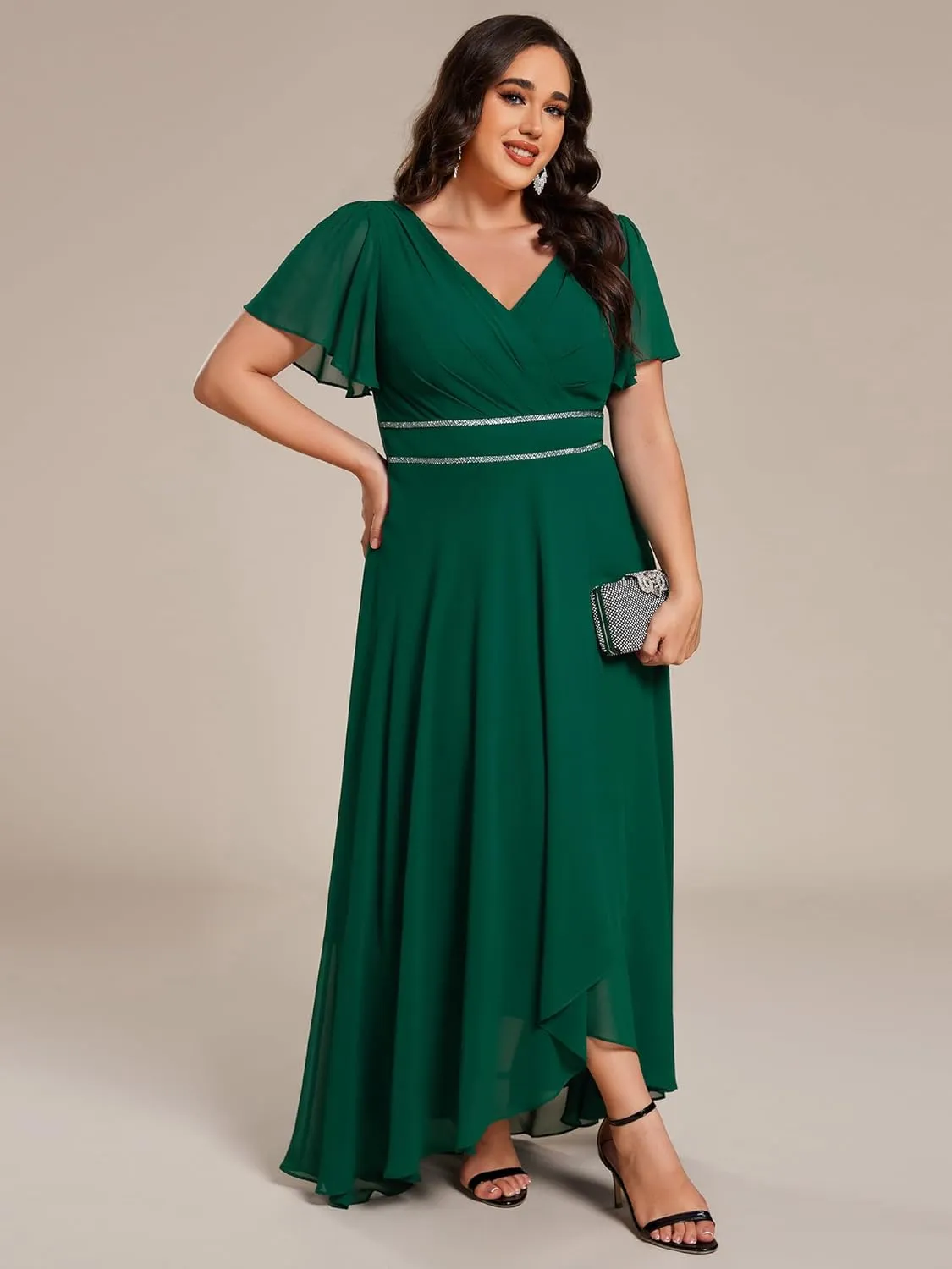 Ever-Pretty Plus Women's V-Neck Chiffon Beading Short Ruffles Sleeves Maxi Plus Size Formal Evening Dresses