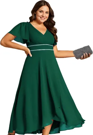 Ever-Pretty Plus Women's V-Neck Chiffon Beading Short Ruffles Sleeves Maxi Plus Size Formal Evening Dresses