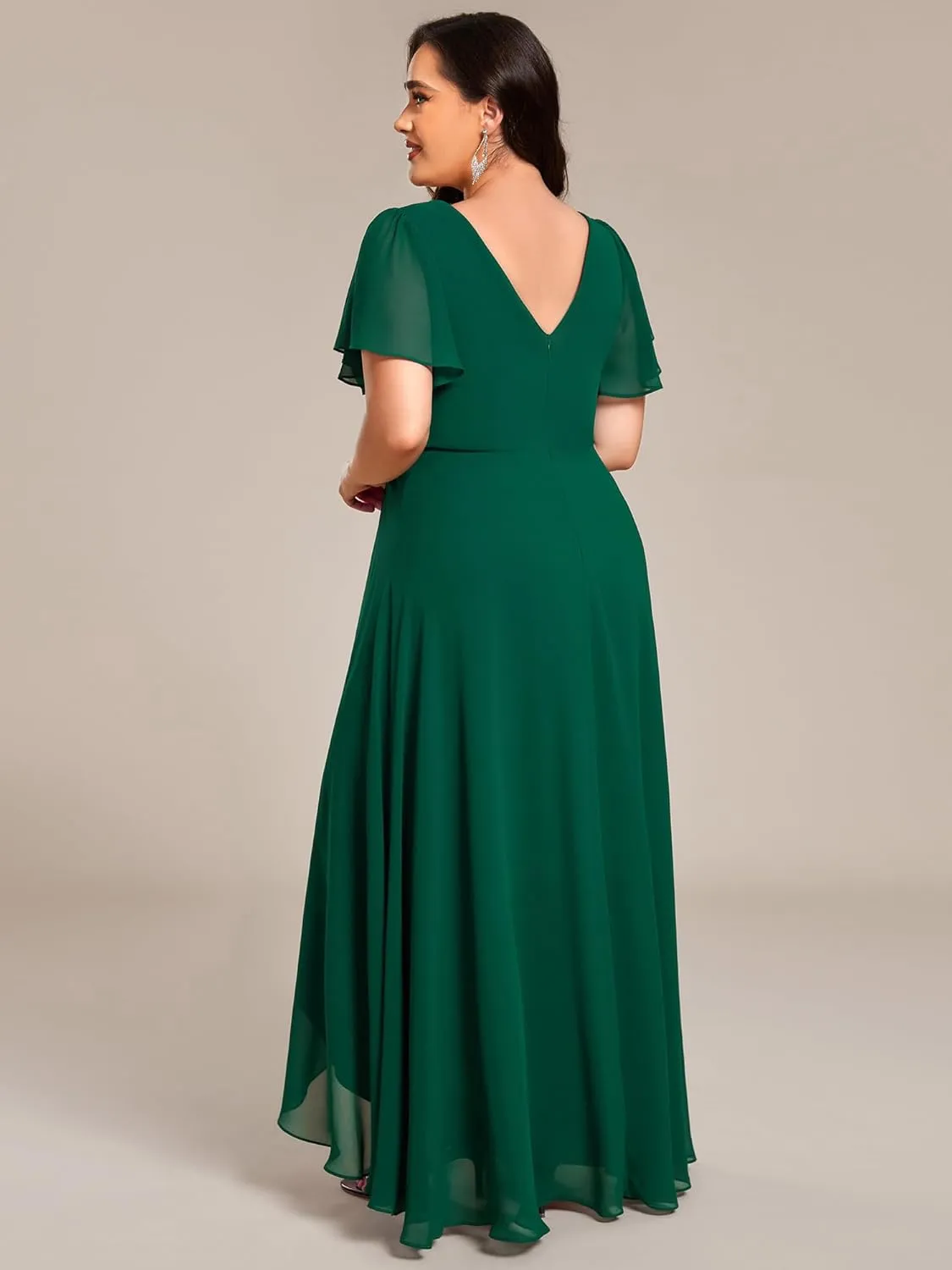 Ever-Pretty Plus Women's V-Neck Chiffon Beading Short Ruffles Sleeves Maxi Plus Size Formal Evening Dresses