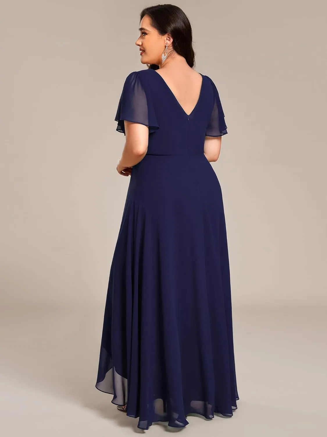 Ever-Pretty Plus Women's V-Neck Chiffon Beading Short Ruffles Sleeves Maxi Plus Size Formal Evening Dresses