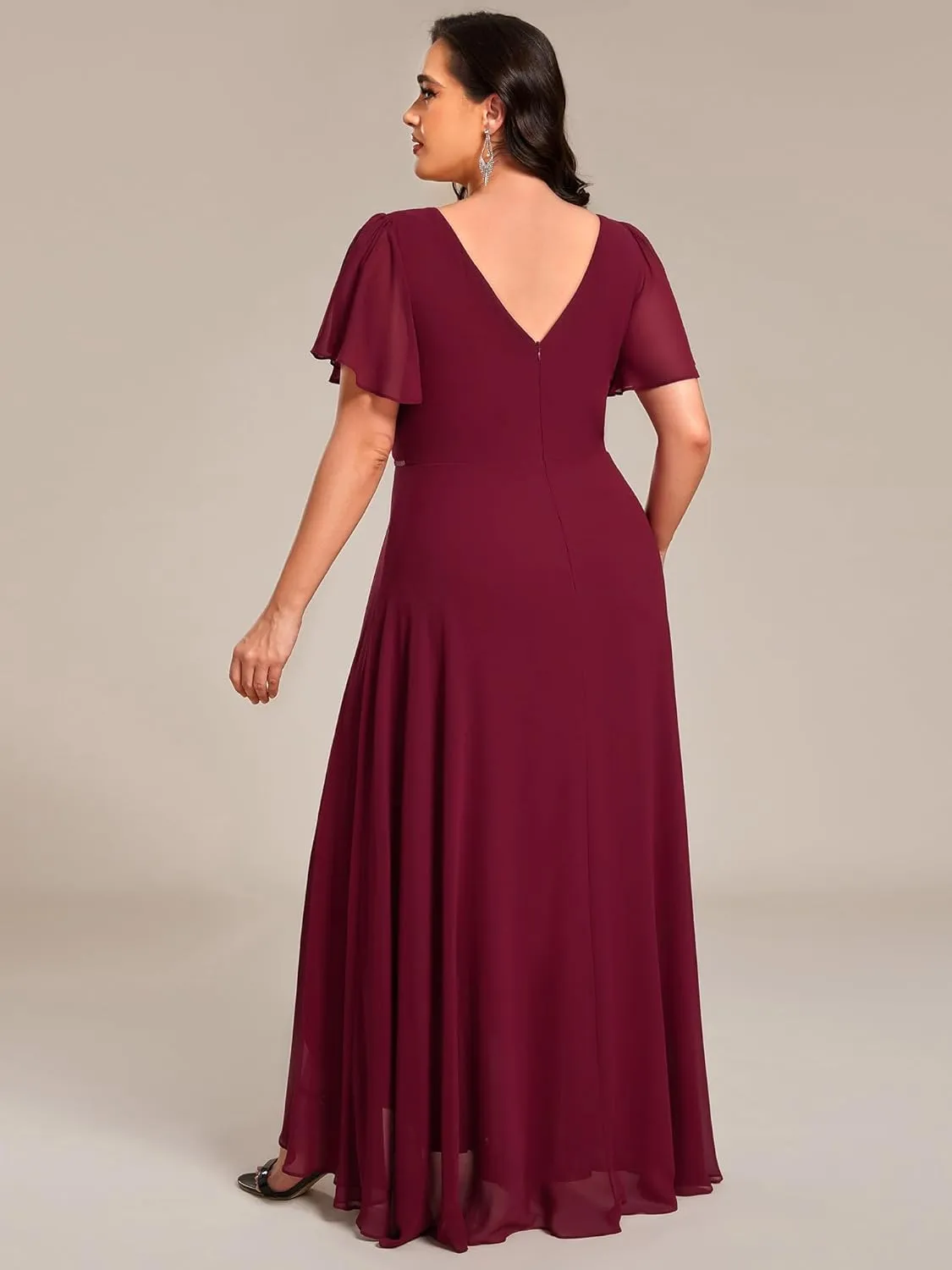 Ever-Pretty Plus Women's V-Neck Chiffon Beading Short Ruffles Sleeves Maxi Plus Size Formal Evening Dresses