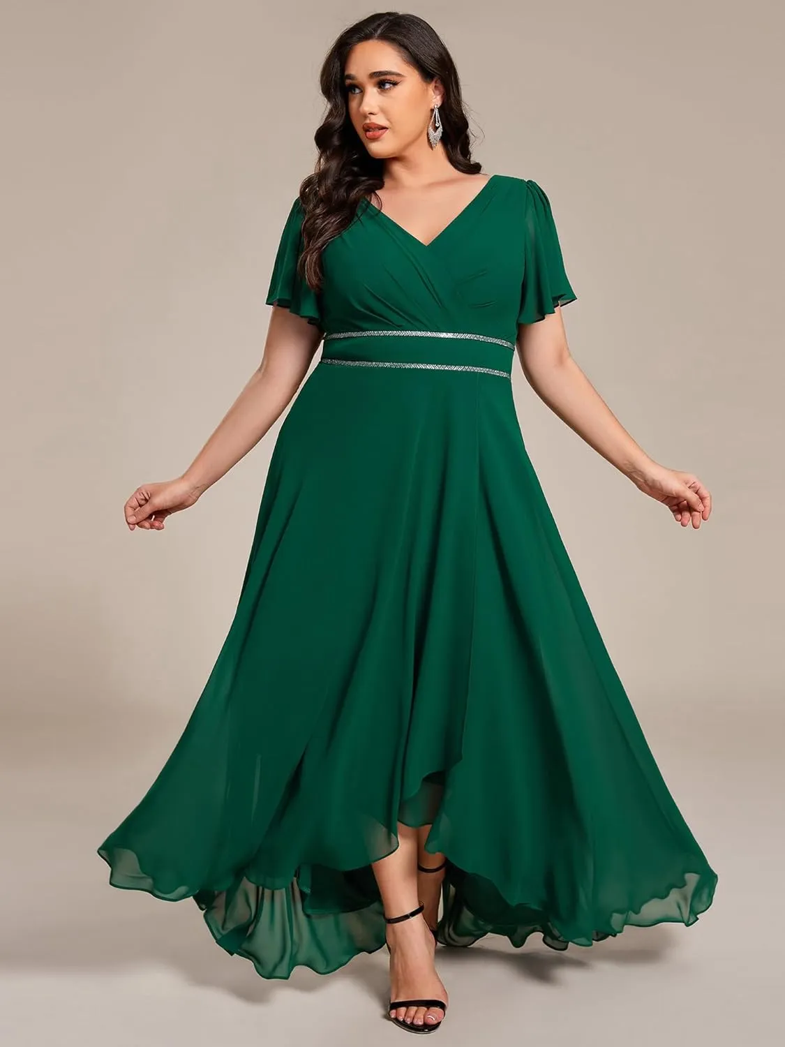 Ever-Pretty Plus Women's V-Neck Chiffon Beading Short Ruffles Sleeves Maxi Plus Size Formal Evening Dresses