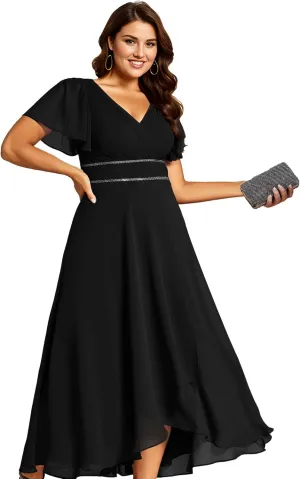 Ever-Pretty Plus Women's V-Neck Chiffon Beading Short Ruffles Sleeves Maxi Plus Size Formal Evening Dresses