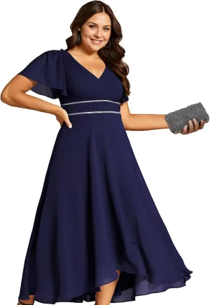 Ever-Pretty Plus Women's V-Neck Chiffon Beading Short Ruffles Sleeves Maxi Plus Size Formal Evening Dresses