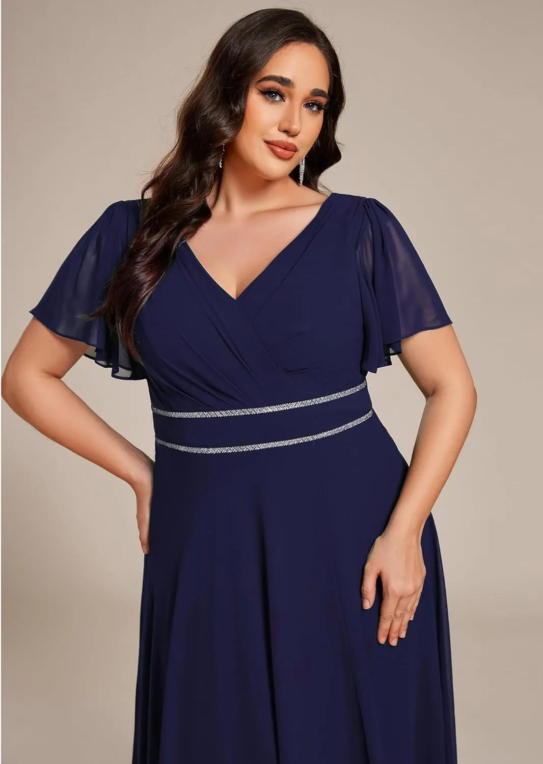 Ever-Pretty Plus Women's V-Neck Chiffon Beading Short Ruffles Sleeves Maxi Plus Size Formal Evening Dresses
