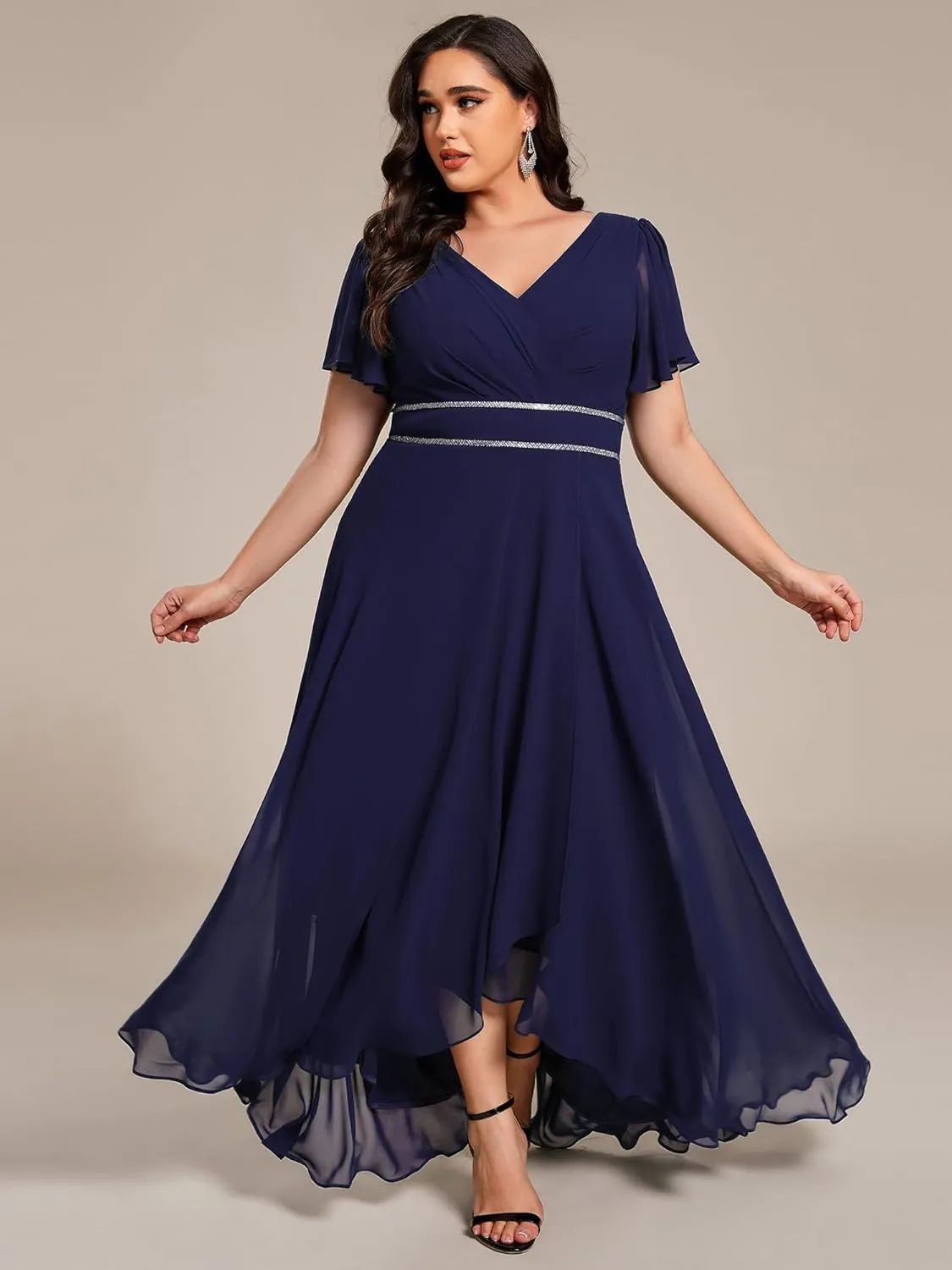 Ever-Pretty Plus Women's V-Neck Chiffon Beading Short Ruffles Sleeves Maxi Plus Size Formal Evening Dresses