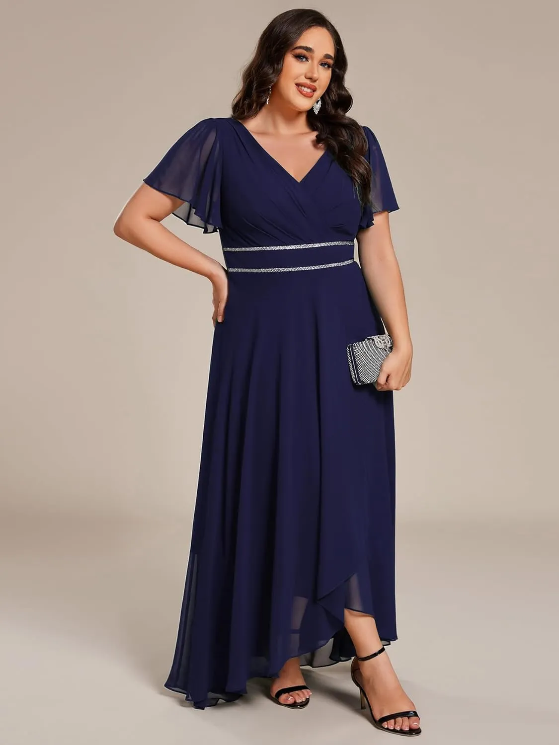 Ever-Pretty Plus Women's V-Neck Chiffon Beading Short Ruffles Sleeves Maxi Plus Size Formal Evening Dresses