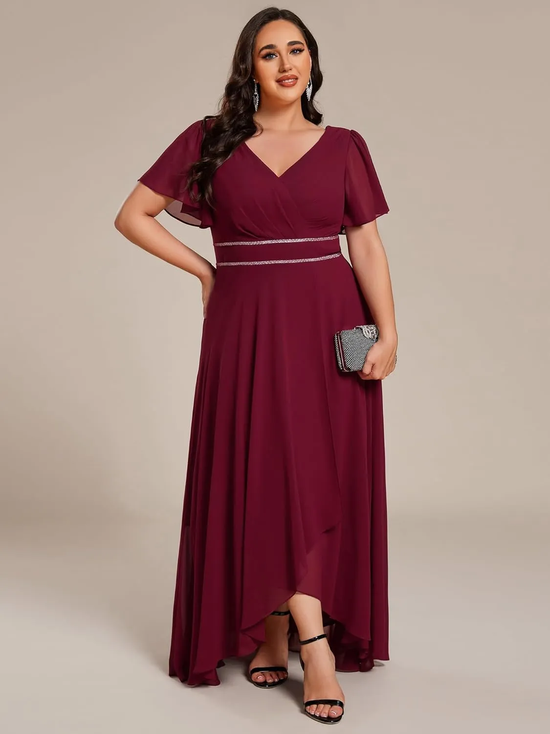 Ever-Pretty Plus Women's V-Neck Chiffon Beading Short Ruffles Sleeves Maxi Plus Size Formal Evening Dresses