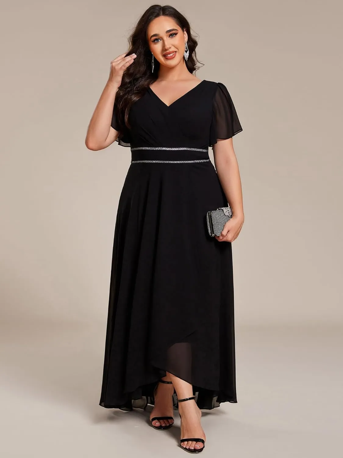 Ever-Pretty Plus Women's V-Neck Chiffon Beading Short Ruffles Sleeves Maxi Plus Size Formal Evening Dresses