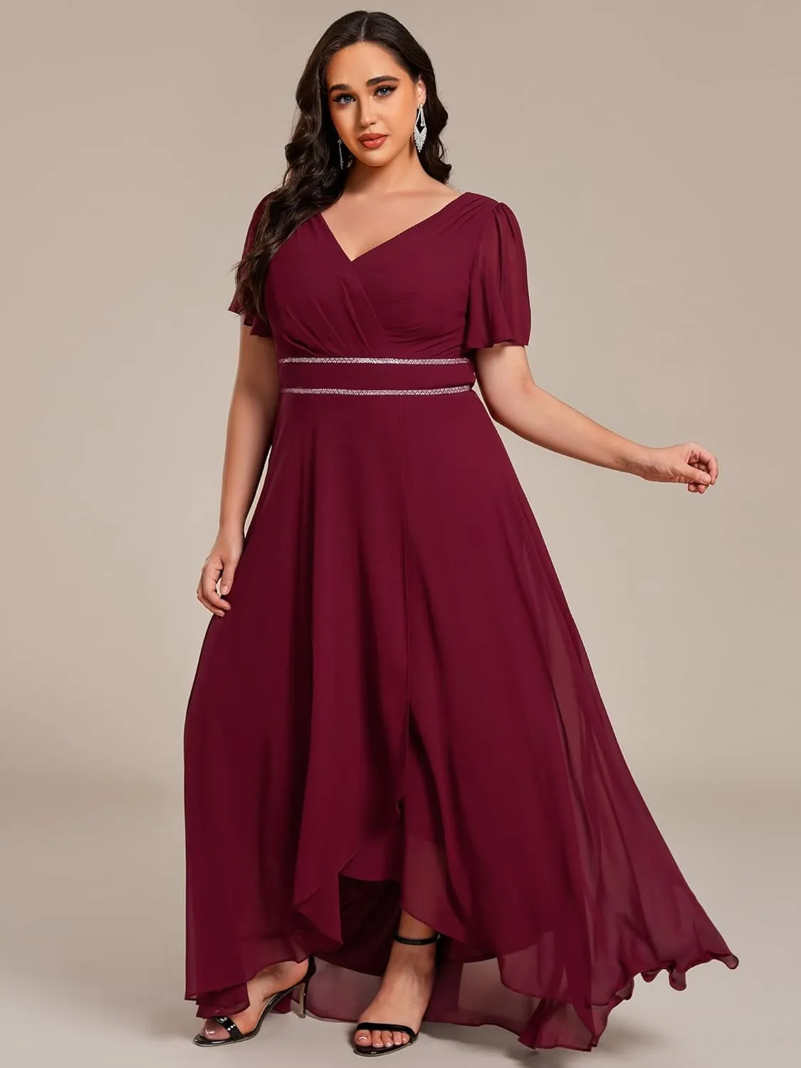 Ever-Pretty Plus Women's V-Neck Chiffon Beading Short Ruffles Sleeves Maxi Plus Size Formal Evening Dresses