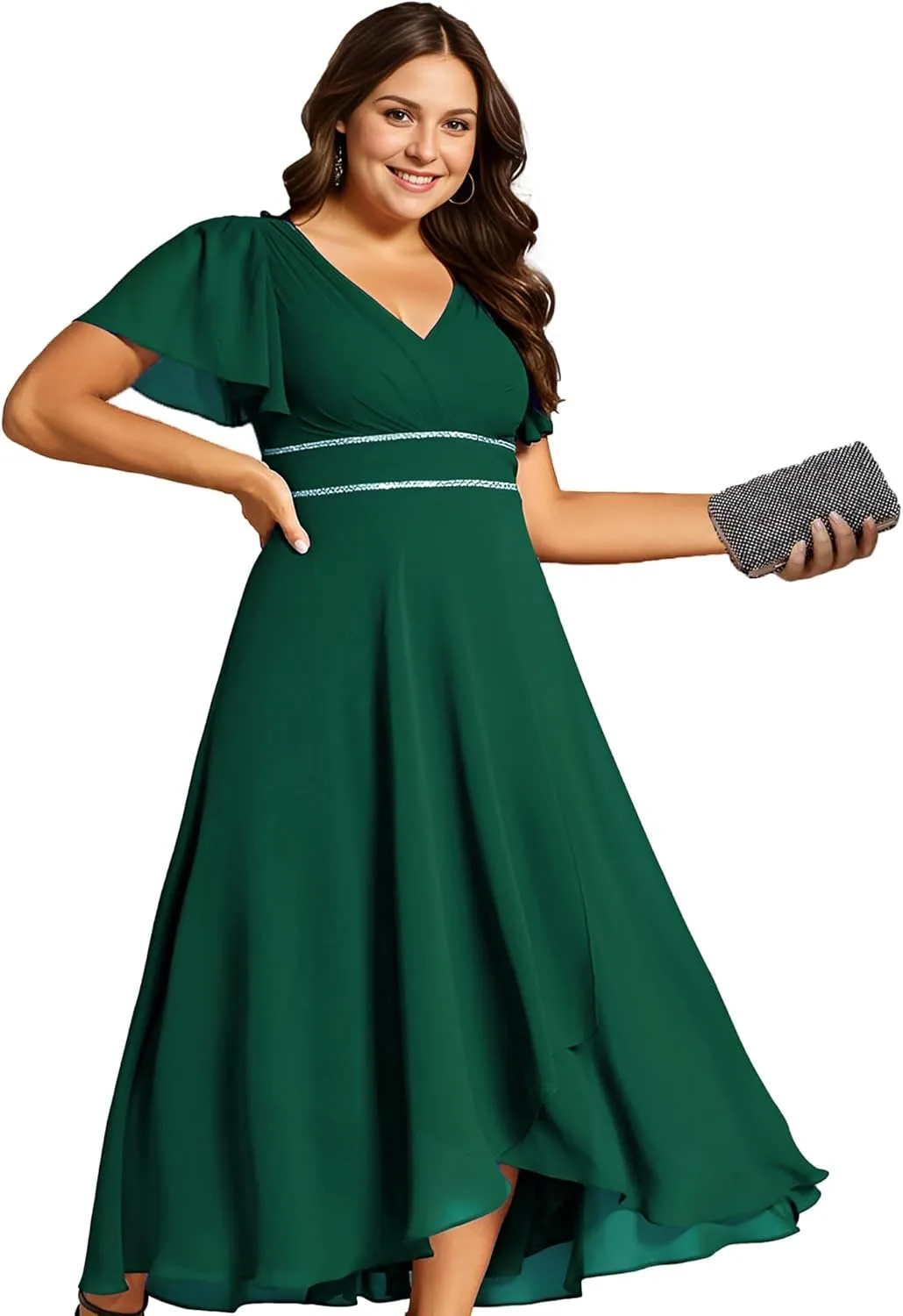 Ever-Pretty Plus Women's V-Neck Chiffon Beading Short Ruffles Sleeves Maxi Plus Size Formal Evening Dresses