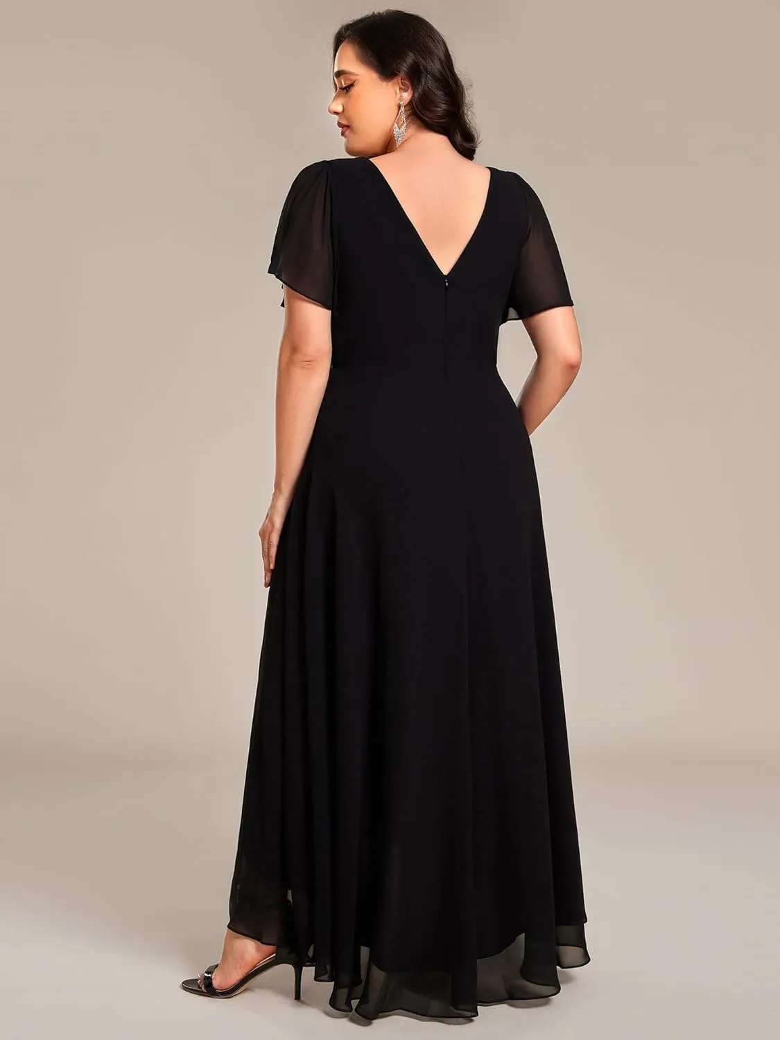 Ever-Pretty Plus Women's V-Neck Chiffon Beading Short Ruffles Sleeves Maxi Plus Size Formal Evening Dresses