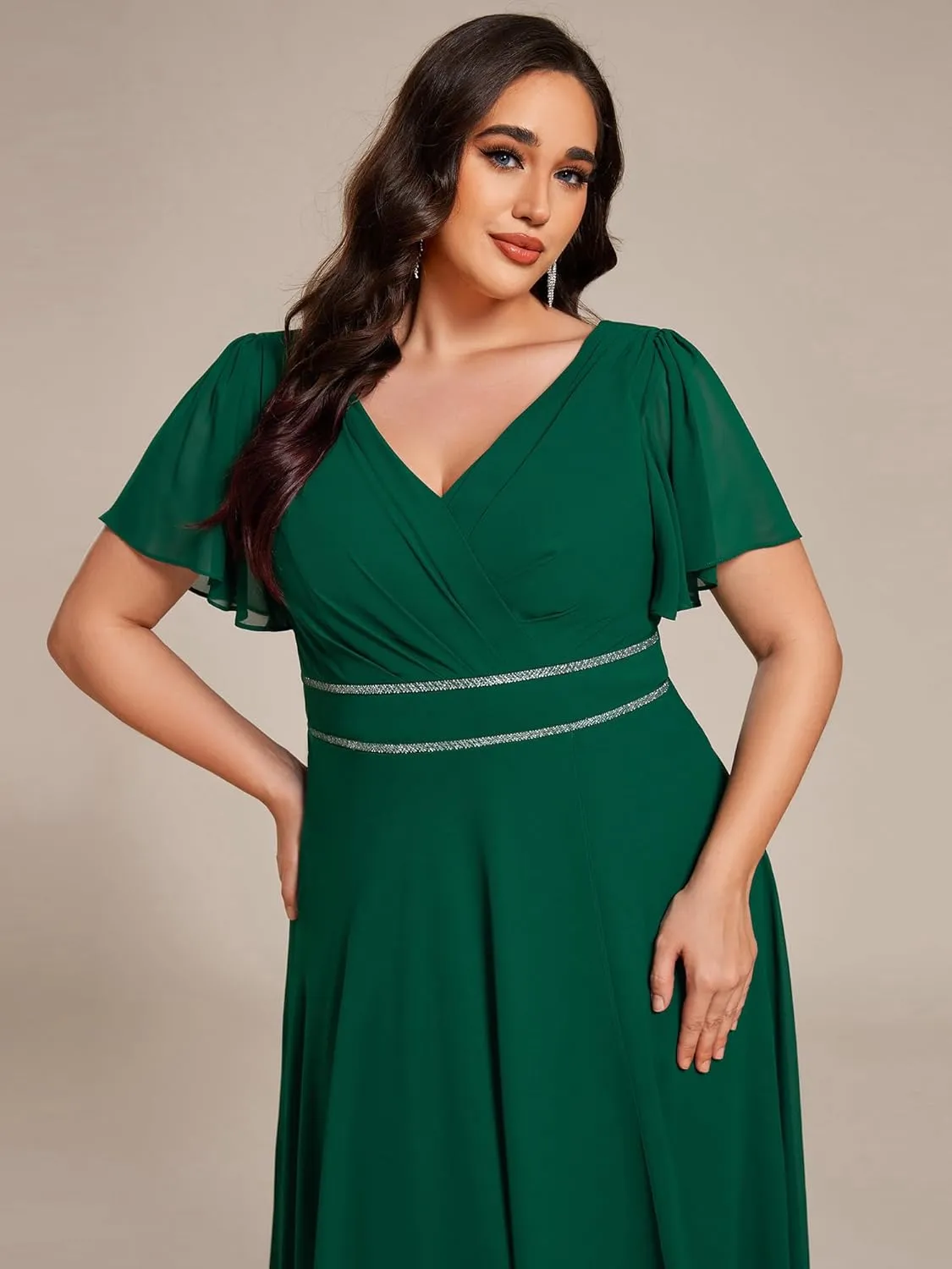 Ever-Pretty Plus Women's V-Neck Chiffon Beading Short Ruffles Sleeves Maxi Plus Size Formal Evening Dresses