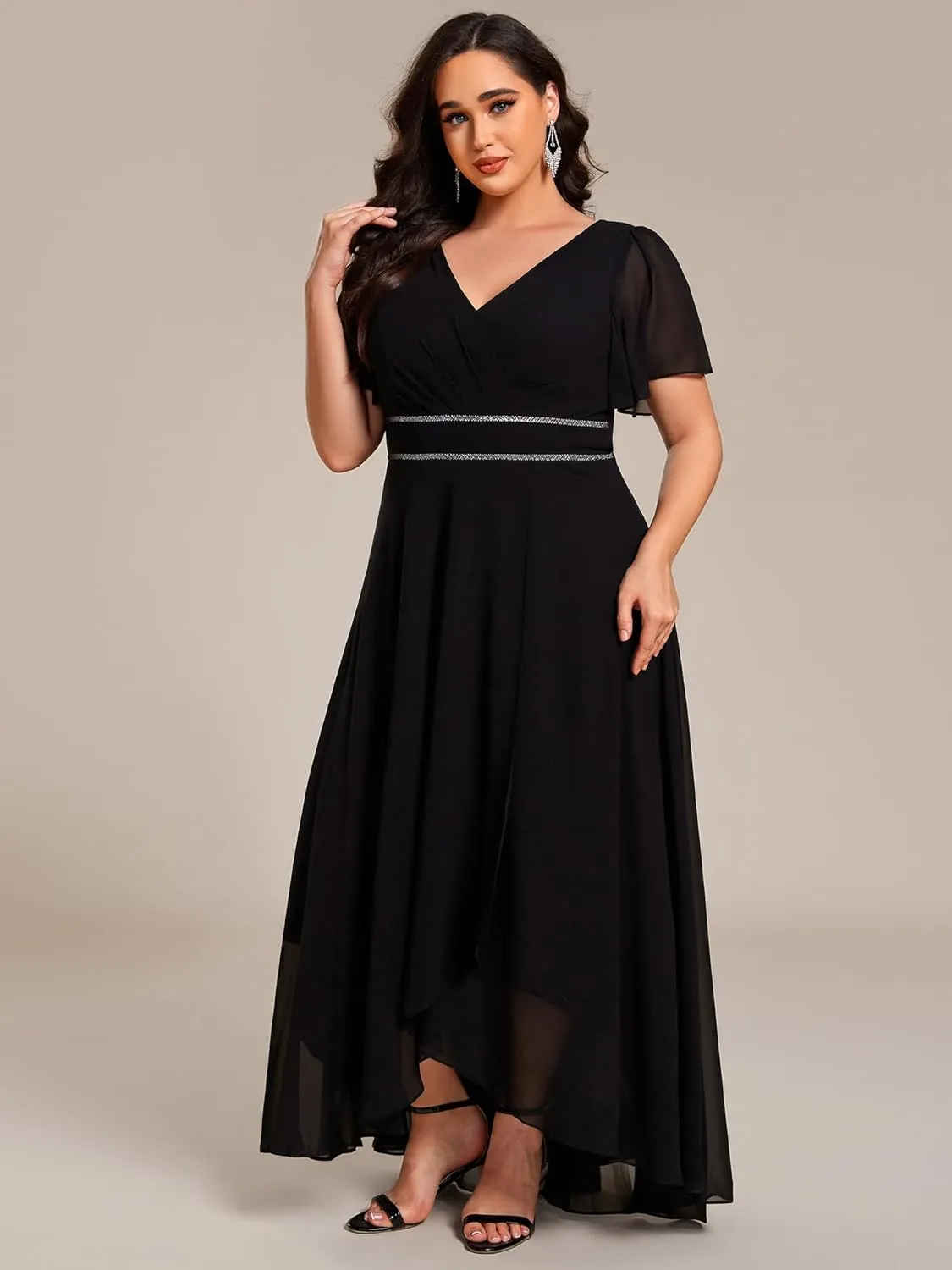 Ever-Pretty Plus Women's V-Neck Chiffon Beading Short Ruffles Sleeves Maxi Plus Size Formal Evening Dresses